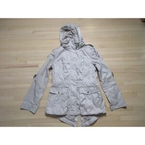 BCBG Generation Womens Raincoat Small Gray Hooded Packable
